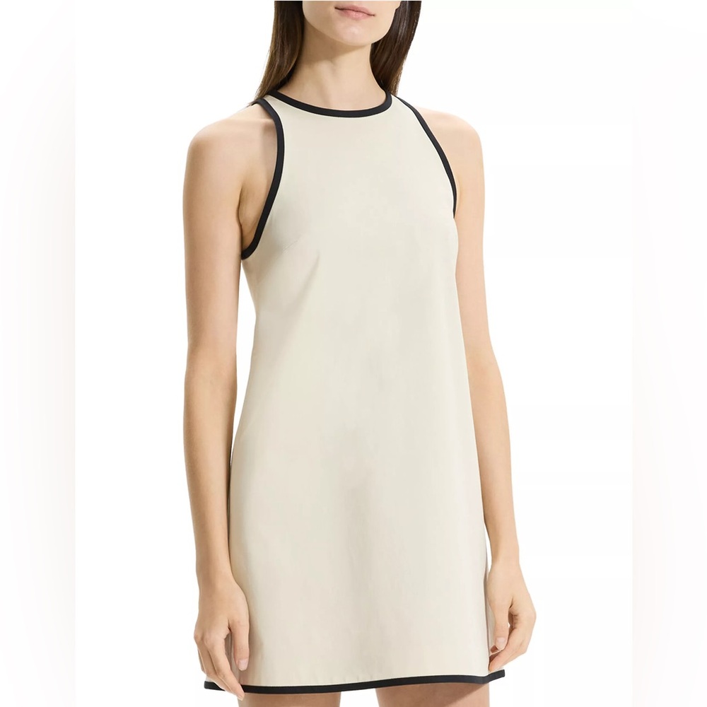 NWT THEORY Cotton Mini Shift Dress | Cream Sleeveless Dress with Black Trim